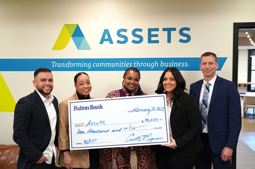 In the photo, from left to right, are Jaime Arroyo, ASSETS CEO; Chelsea Christmas, ASSETS Community Engagement Coordinator; Nichole Mussa Sabil, ASSETS Women’s Business Center Manager; Christie Eachus, Fulton Bank Market Manager; and Josh Griffith, Fulton Bank Commercial Banking Team Leader.